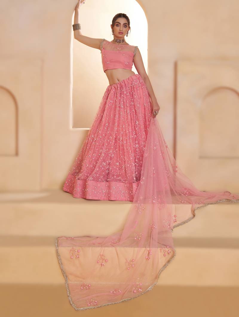 LIGHT PINK Designer Butterfly Net Lehenga Choli with Fancy Lace Dupatta