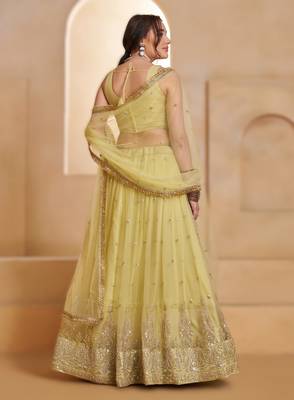 YELLOW Designer Butterfly Net Lehenga Choli with Fancy Lace Dupatta 2