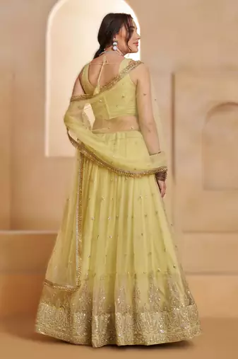YELLOW Designer Butterfly Net Lehenga Choli with Fancy Lace Dupatta
