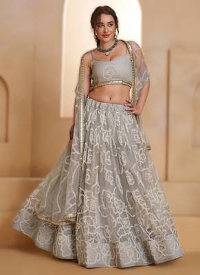 LIGHT GREY Designer Butterfly Net Lehenga Choli with Fancy Lace Dupatta 1