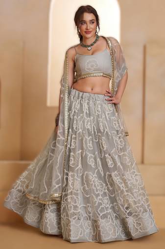LIGHT GREY Designer Butterfly Net Lehenga Choli with Fancy Lace Dupatta