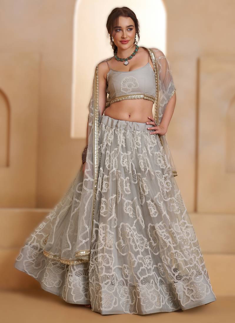 LIGHT GREY Designer Butterfly Net Lehenga Choli with Fancy Lace Dupatta
