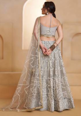 LIGHT GREY Designer Butterfly Net Lehenga Choli with Fancy Lace Dupatta 2
