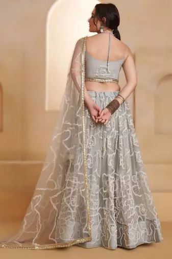 LIGHT GREY Designer Butterfly Net Lehenga Choli with Fancy Lace Dupatta