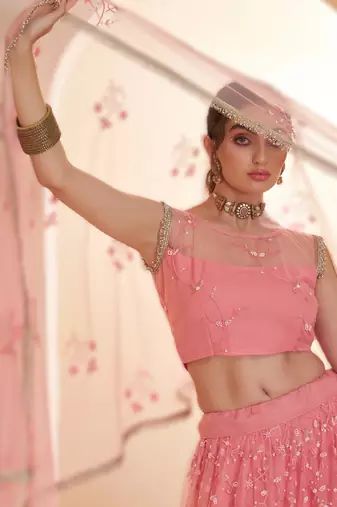 LIGHT PINK Designer Butterfly Net Lehenga Choli with Fancy Lace Dupatta