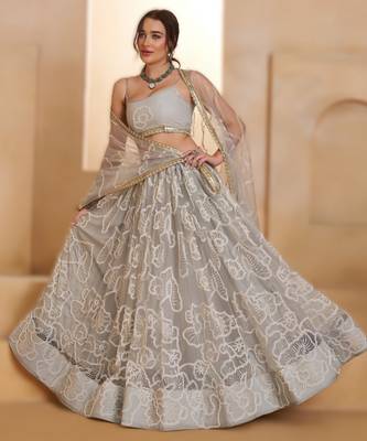 LIGHT GREY Designer Butterfly Net Lehenga Choli with Fancy Lace Dupatta 3