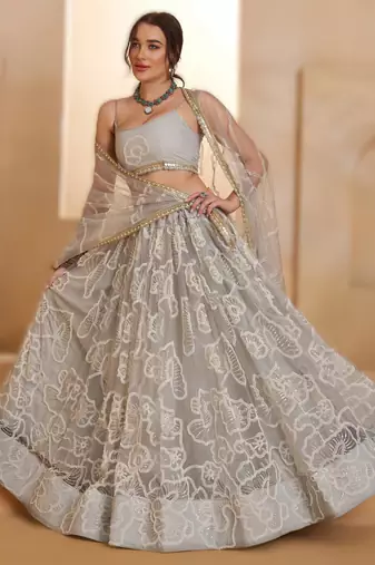 LIGHT GREY Designer Butterfly Net Lehenga Choli with Fancy Lace Dupatta
