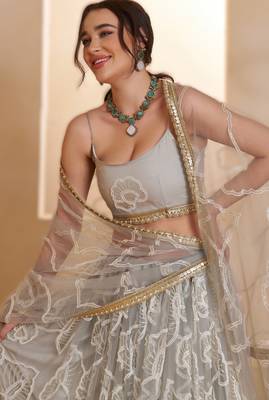 LIGHT GREY Designer Butterfly Net Lehenga Choli with Fancy Lace Dupatta 4