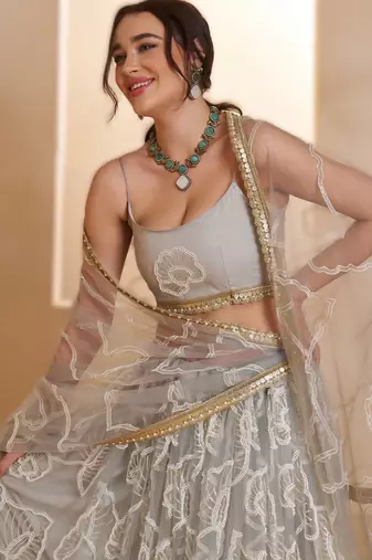 LIGHT GREY Designer Butterfly Net Lehenga Choli with Fancy Lace Dupatta