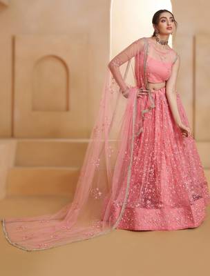 LIGHT PINK Designer Butterfly Net Lehenga Choli with Fancy Lace Dupatta 4