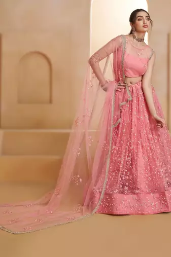 LIGHT PINK Designer Butterfly Net Lehenga Choli with Fancy Lace Dupatta