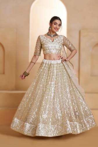 OFF WHITE Designer Butterfly Net Lehenga Choli with Fancy Lace Dupatta