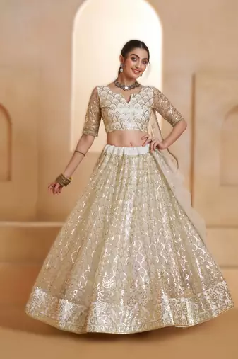 OFF WHITE Designer Butterfly Net Lehenga Choli with Fancy Lace Dupatta