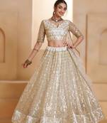 OFF WHITE Designer Butterfly Net Lehenga Choli with Fancy Lace Dupatta