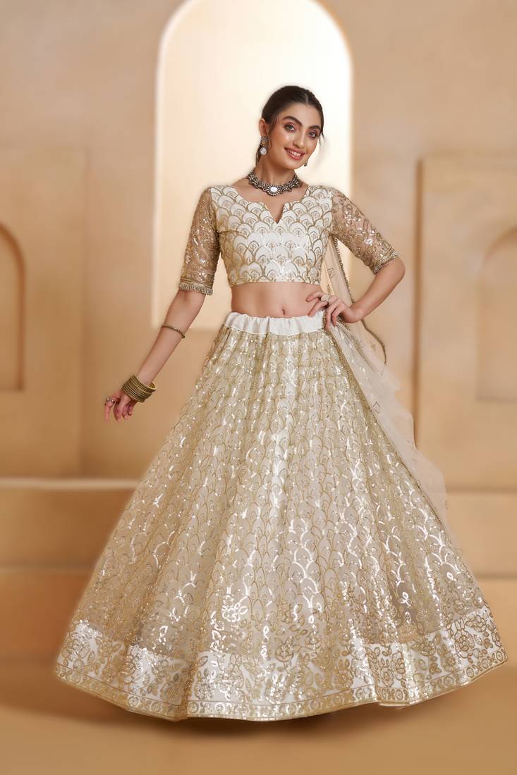 OFF WHITE Designer Butterfly Net Lehenga Choli with Fancy Lace Dupatta