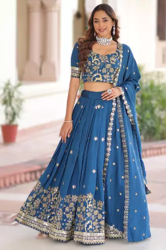 BLUE Vichitra Silk Sequins & Thread Embroidered Lehenga Choli with Designer Lace Dupatta
