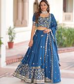 BLUE Vichitra Silk Sequins & Thread Embroidered Lehenga Choli with Designer Lace Dupatta