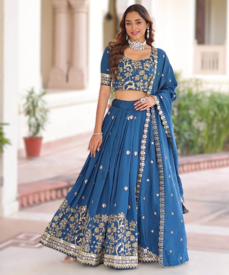 BLUE Vichitra Silk Sequins & Thread Embroidered Lehenga Choli with Designer Lace Dupatta