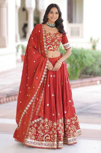 RED Vichitra Silk Sequins & Thread Embroidered Lehenga Choli with Designer Lace Dupatta