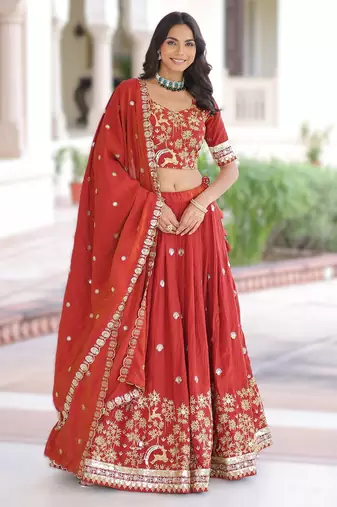 RED Vichitra Silk Sequins & Thread Embroidered Lehenga Choli with Designer Lace Dupatta