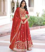 RED Vichitra Silk Sequins & Thread Embroidered Lehenga Choli with Designer Lace Dupatta