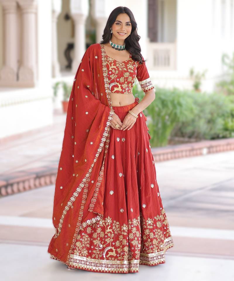RED Vichitra Silk Sequins & Thread Embroidered Lehenga Choli with Designer Lace Dupatta
