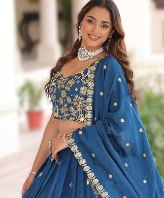 BLUE Vichitra Silk Sequins & Thread Embroidered Lehenga Choli with Designer Lace Dupatta 2
