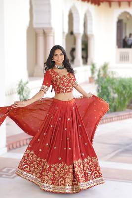 RED Vichitra Silk Sequins & Thread Embroidered Lehenga Choli with Designer Lace Dupatta 2