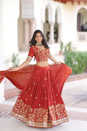 RED Vichitra Silk Sequins & Thread Embroidered Lehenga Choli with Designer Lace Dupatta