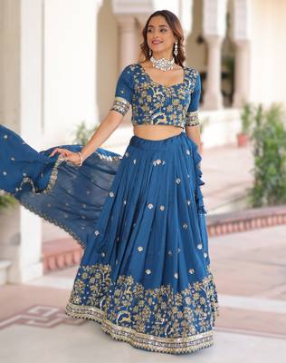BLUE Vichitra Silk Sequins & Thread Embroidered Lehenga Choli with Designer Lace Dupatta 3