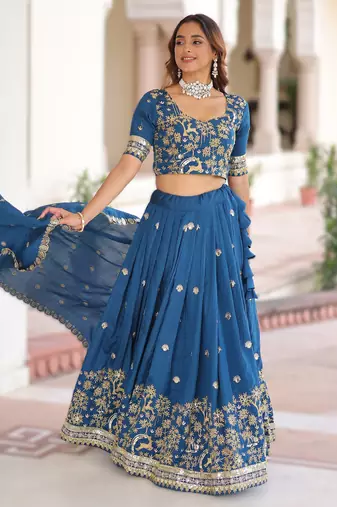 BLUE Vichitra Silk Sequins & Thread Embroidered Lehenga Choli with Designer Lace Dupatta