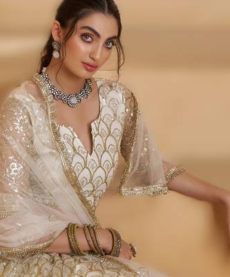 OFF WHITE Designer Butterfly Net Lehenga Choli with Fancy Lace Dupatta 3