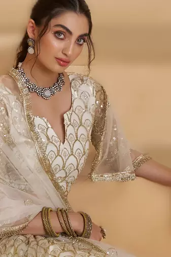 OFF WHITE Designer Butterfly Net Lehenga Choli with Fancy Lace Dupatta