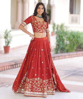 RED Vichitra Silk Sequins & Thread Embroidered Lehenga Choli with Designer Lace Dupatta 3