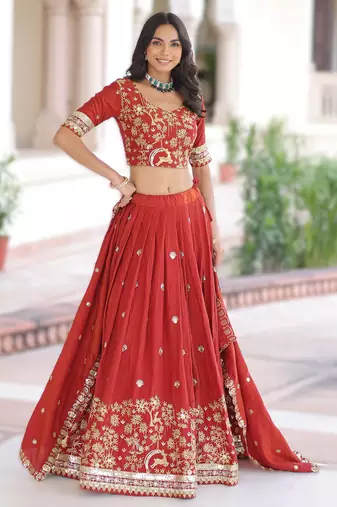 RED Vichitra Silk Sequins & Thread Embroidered Lehenga Choli with Designer Lace Dupatta