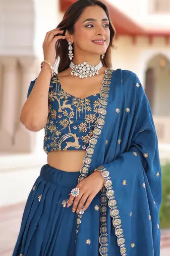 BLUE Vichitra Silk Sequins & Thread Embroidered Lehenga Choli with Designer Lace Dupatta