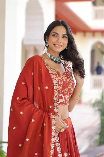 RED Vichitra Silk Sequins & Thread Embroidered Lehenga Choli with Designer Lace Dupatta
