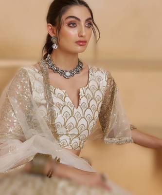 OFF WHITE Designer Butterfly Net Lehenga Choli with Fancy Lace Dupatta 4