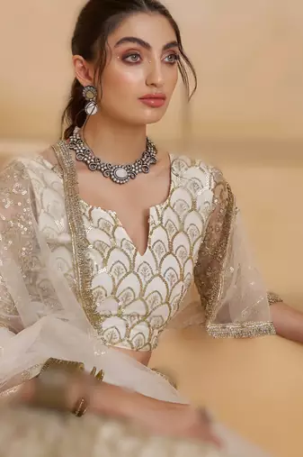 OFF WHITE Designer Butterfly Net Lehenga Choli with Fancy Lace Dupatta