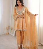 Chiku women’s fendy fabric mirror work kurti set with pant & dupatta