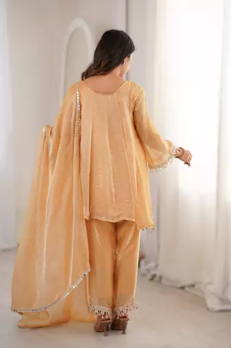 Chiku women fendy fabric mirror work kurti set with pant & dupatta