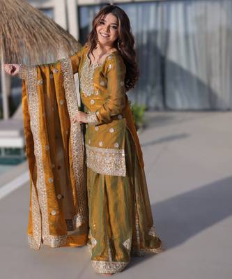 Mad women fendi chiffon zari sequins embroidered sharara suit set with dupatta (top, sharara & dupatta) 1