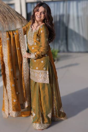 Mastard women   s fendi chiffon zari sequins embroidered sharara suit set with dupatta (top, sharara & dupatta)