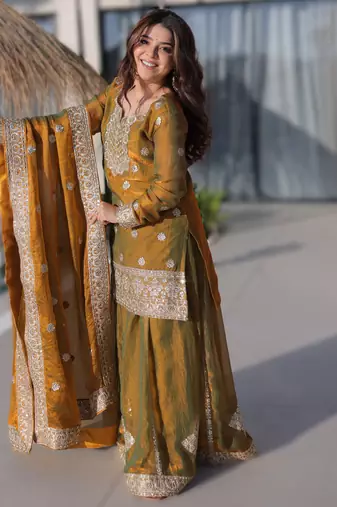 Mastard fendi chiffon zari sequins embroidered sharara suit set with dupatta (top sharara & dupatta)