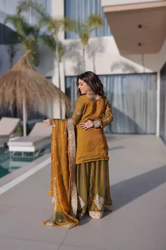 Mad women fendi chiffon zari sequins embroidered sharara suit set with dupatta (top, sharara & dupatta)