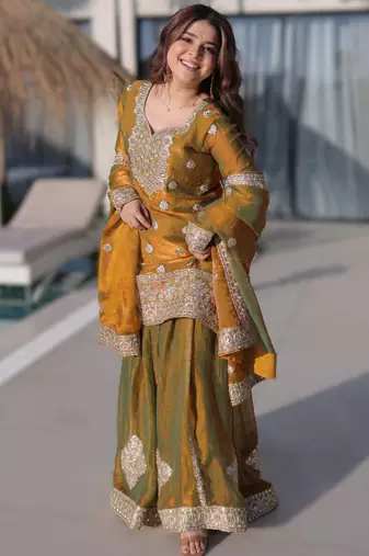 Mad women fendi chiffon zari sequins embroidered sharara suit set with dupatta (top, sharara & dupatta)