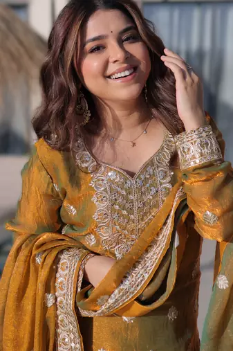 Mad women fendi chiffon zari sequins embroidered sharara suit set with dupatta (top, sharara & dupatta)