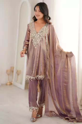 Purple fendy fabric mirror work kurti set with pant & dupatta