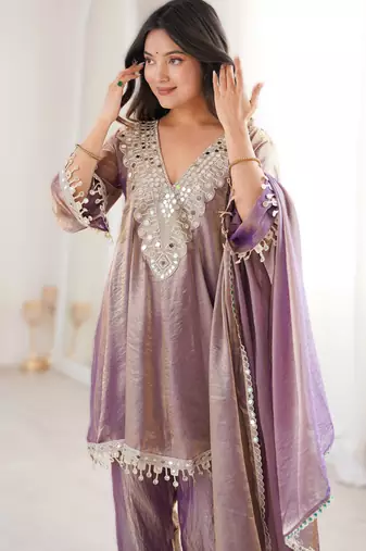 Lavender women fendy fabric mirror work kurti set with pant & dupatta