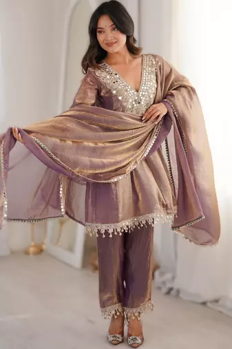 Lavender women fendy fabric mirror work kurti set with pant & dupatta